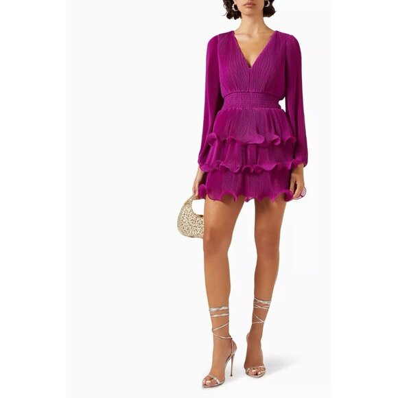 Women Milly Ryan A-Line Chiffon Dress Size 6 M Fuchsia Hem Ruffle V-Neck Layered - Picture 3 of 16